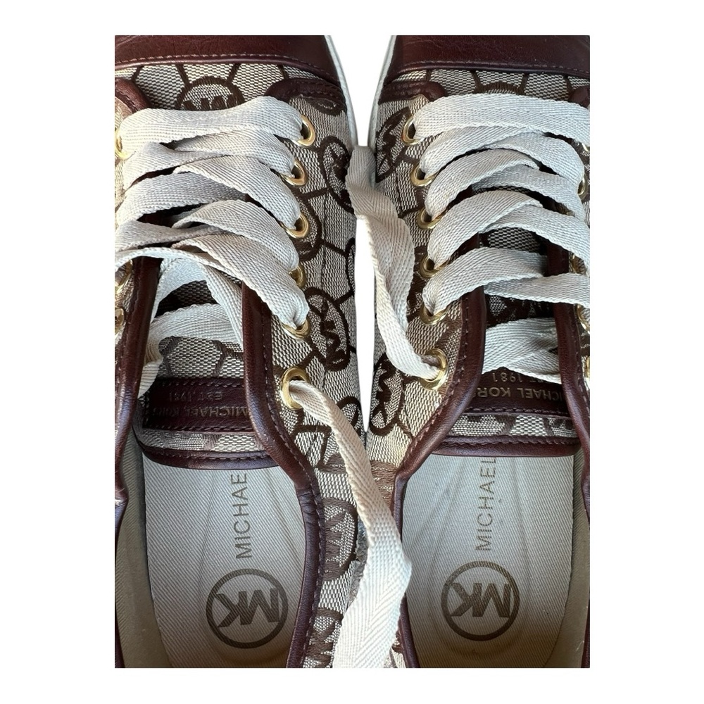 Michael Kors Shoes Brown Leather Tan Canvas Logo Lace Up Sneakers Size 6.5 - Picture 3 of 7